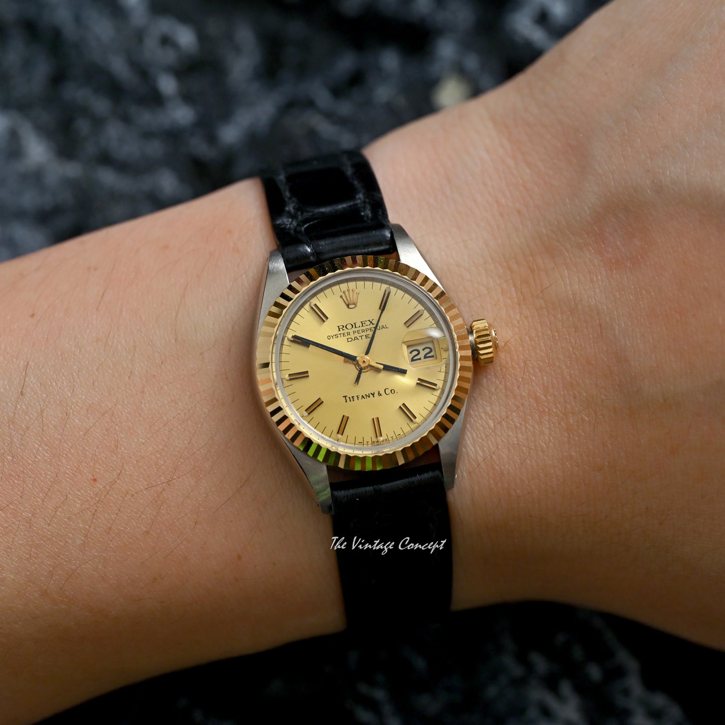 Rolex Two-Tones Lady Datejust Gold Dial Tiffany&Co. w/ Leather Strap Ref. 6917