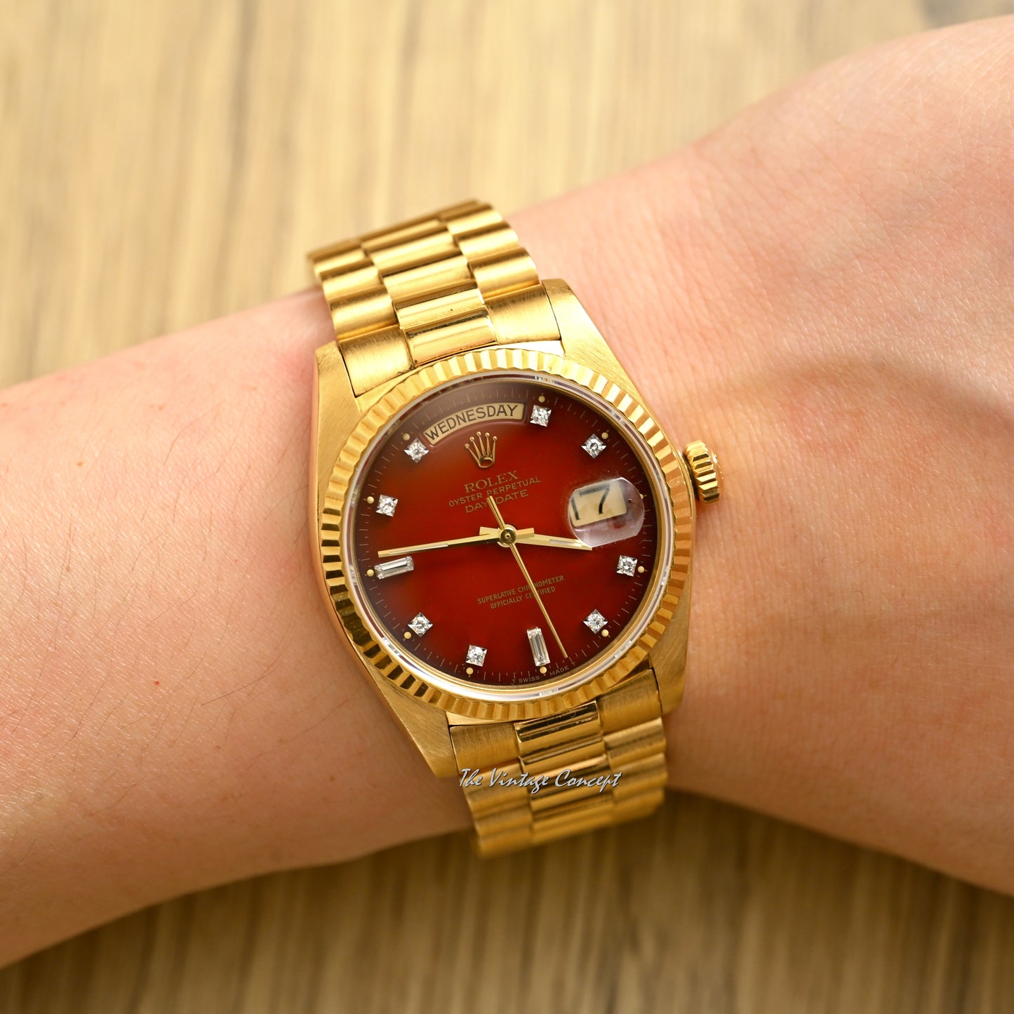Rolex 18K Yellow Gold Day-Date Stella Gradient Oxblood Dial with Diamond Indexes w/ President Bracelet Ref. 18038
