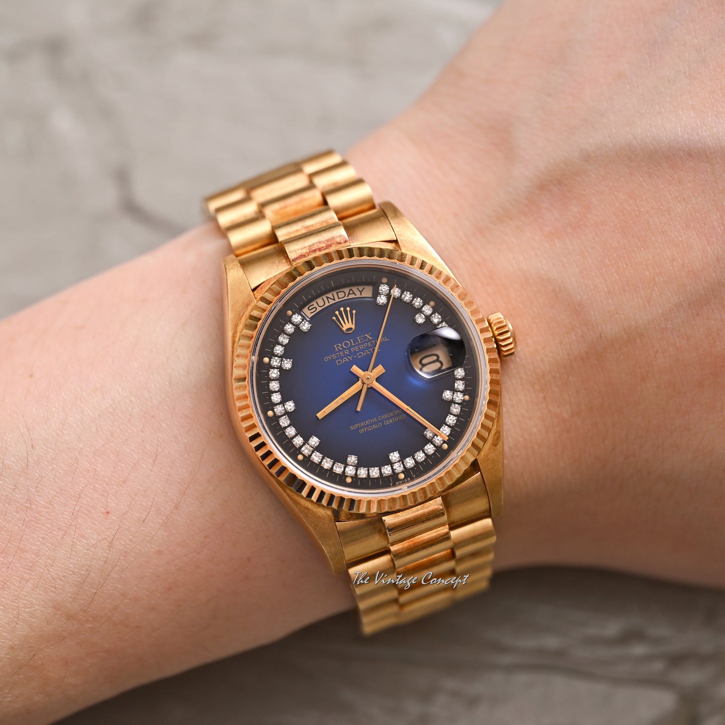Rolex 18K Yellow Gold Day-Date Ombre Blue Dial with Diamond Indexes Ref. 18038