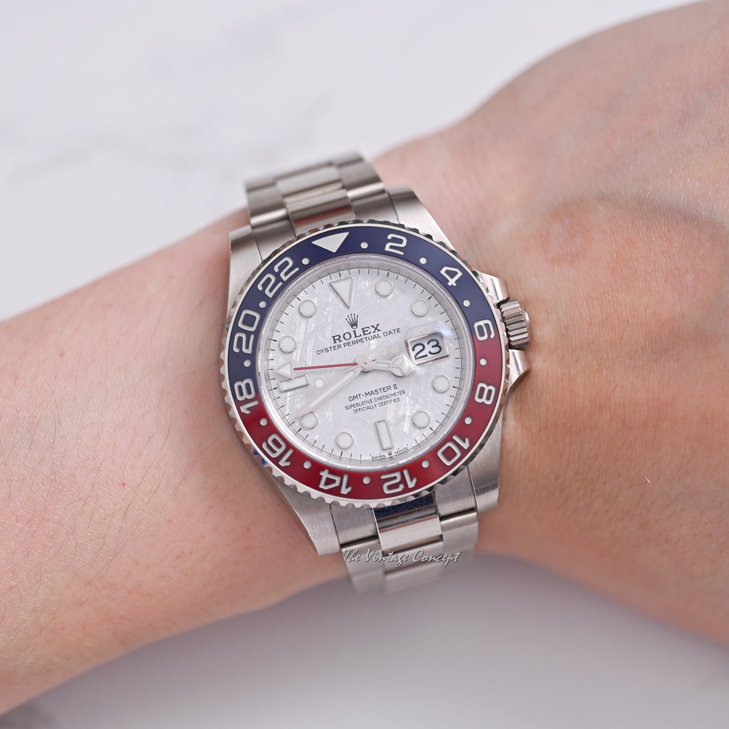 Rolex 18K White Gold GMT-Master II “Pepsi” Meteorite Dial from 2021 w/ full set Ref. 126719BLNO