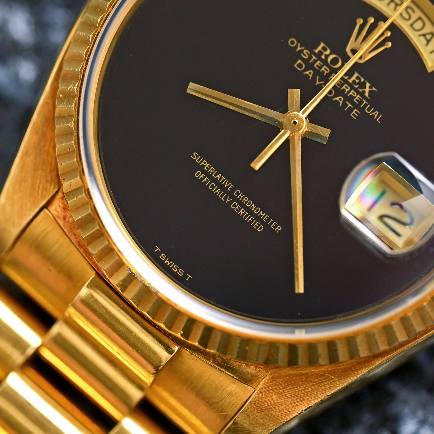 Rolex Day-Date 18K Yellow Gold “ T Swiss T “ Onyx Dial 18038 w/ Original Paper (SOLD)