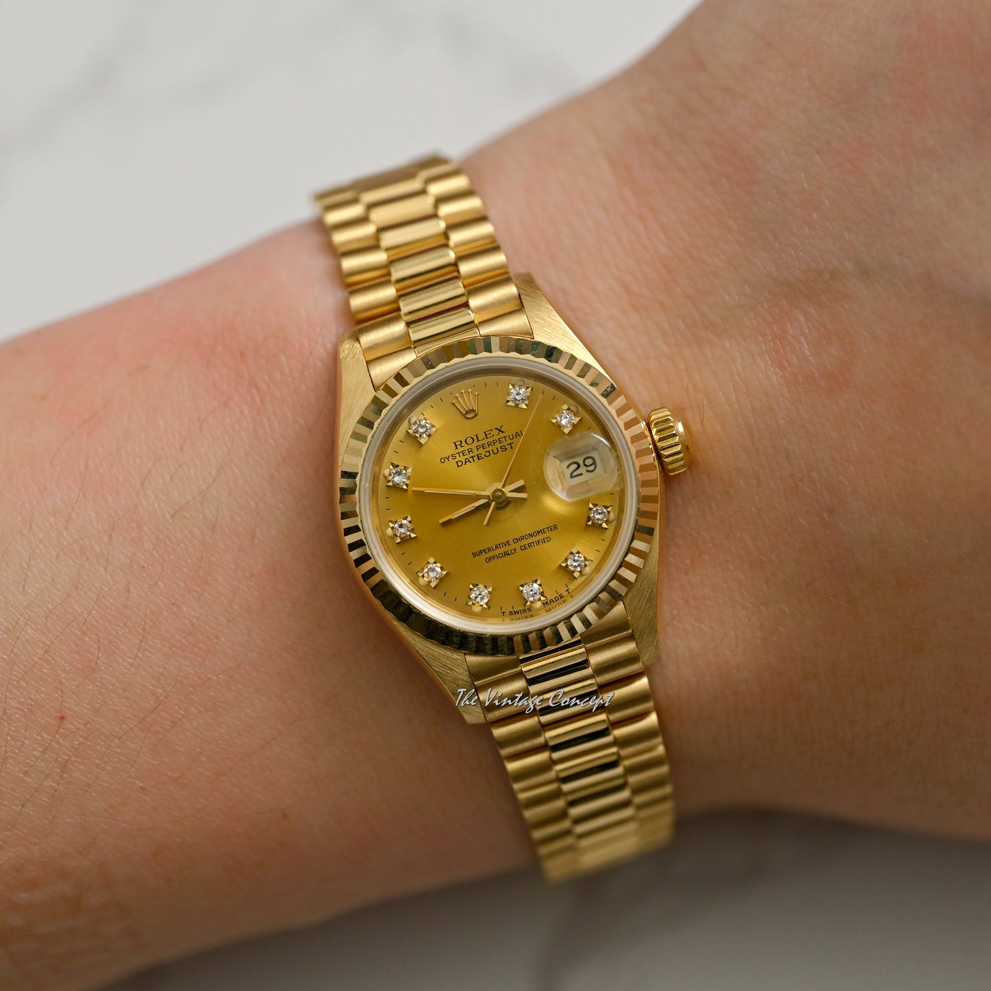 Rolex 18K Yellow Gold Lady Datejust Gold Dial Diamond Indexes 69178 w/Original Paper (SOLD)