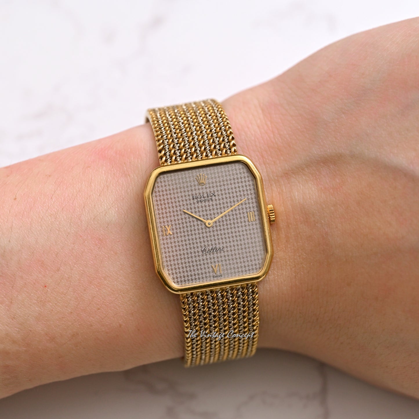 Rolex 18K Yellow Gold & White Gold Cellini Houndstooth Pattern Dial Manual Wind Ref. 4349