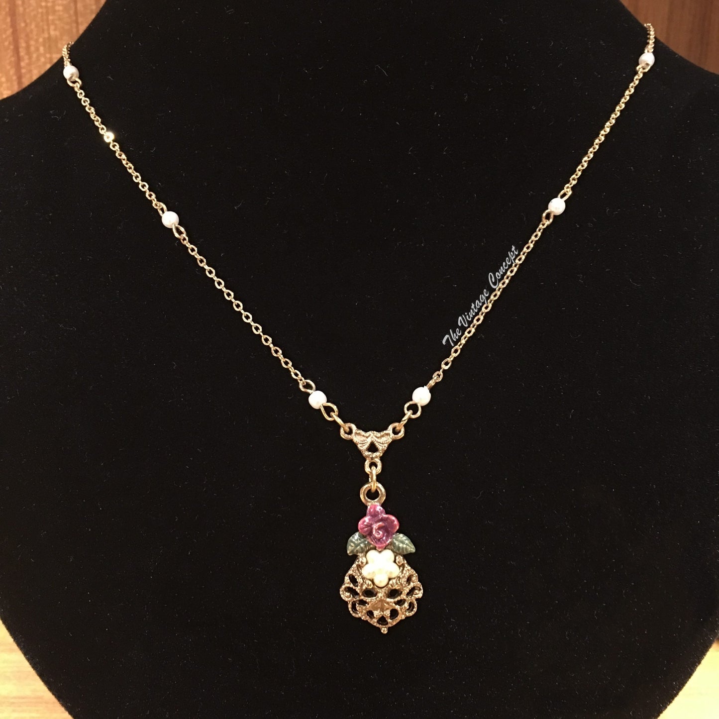 Gold Tone Victorian Rose Faux Pearl Small Pendant Necklace 1928 (SOLD)