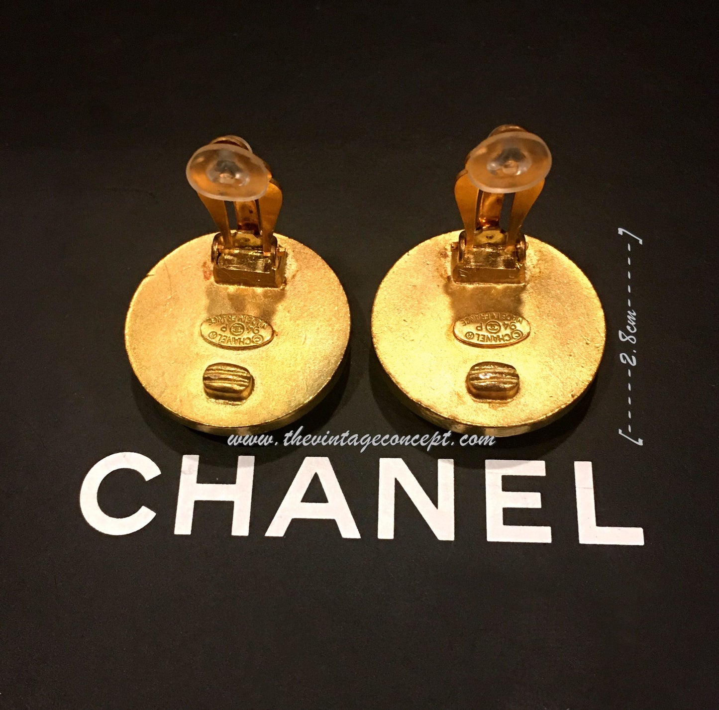 Chanel Gold Tone Round Shape Black w/ Logo Clip Earrings 94P (SOLD)