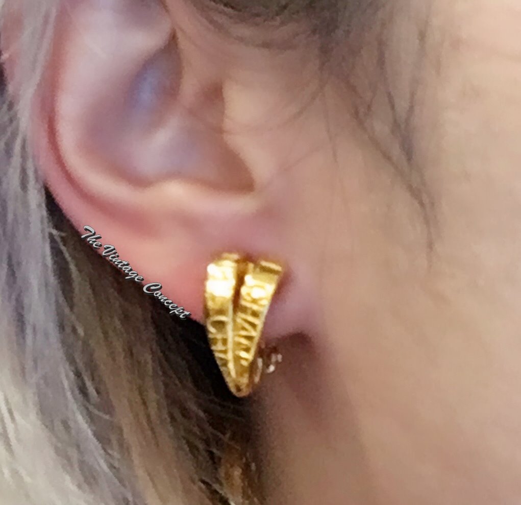 Chanel Gold Tone Teardrop Big Logo w/ Engraving Clip Earrings 96P (SOLD)