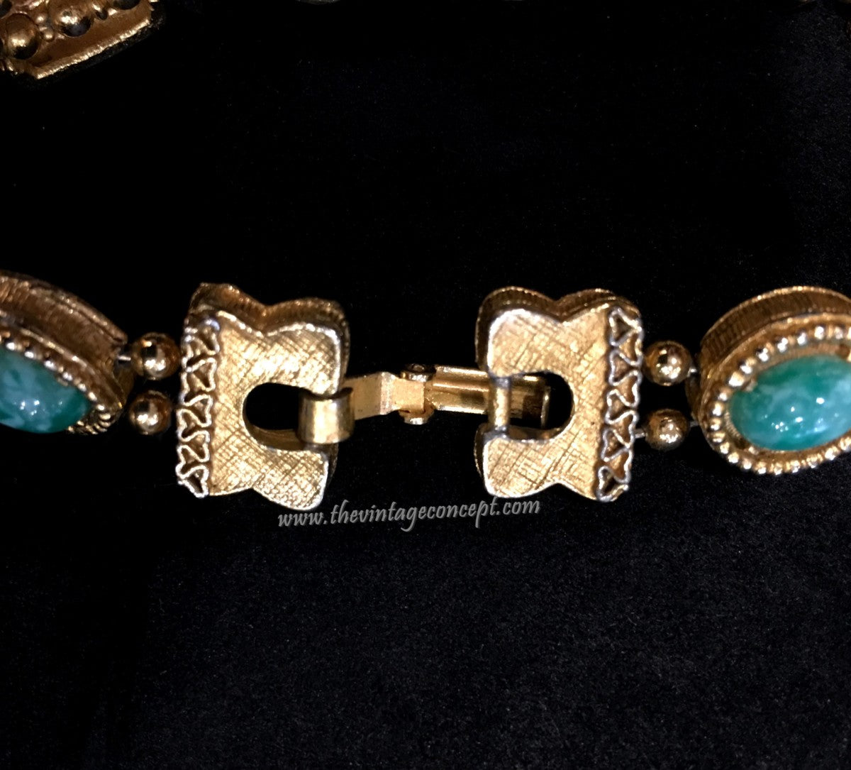 1950's Goldette Carved Green Glass Stone & Charms Gold Plated Bracelet (SOLD)