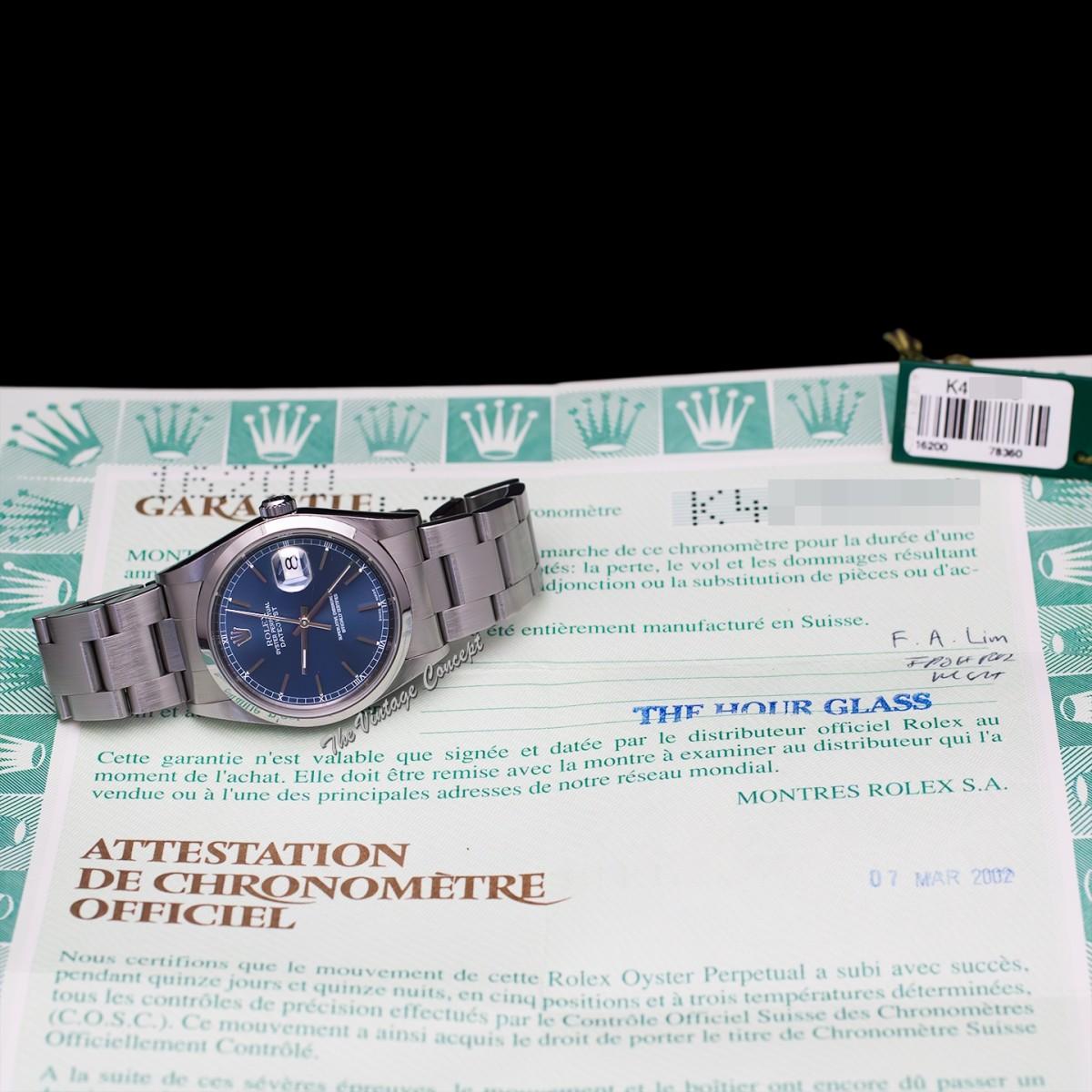 Rolex Steel Oyster Perpetual Datejust Blue Dial 16200 w/ Original Paper & Tag  (SOLD)