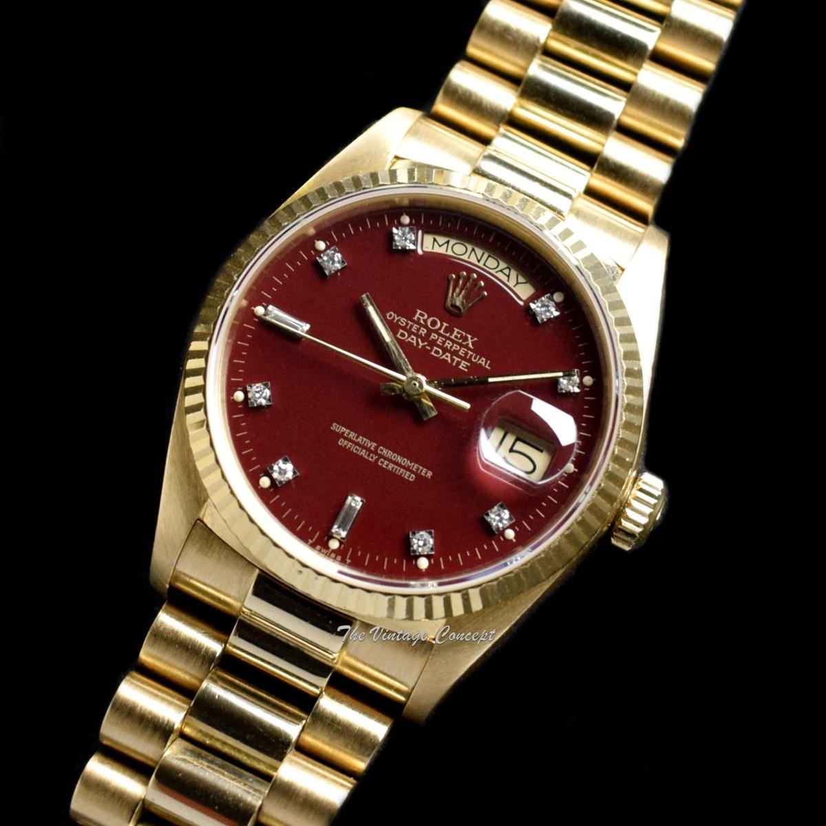 Rolex Day-Date 18K YG Stella Oxblood Dial w/ Diamond Indexes 18038  (SOLD)