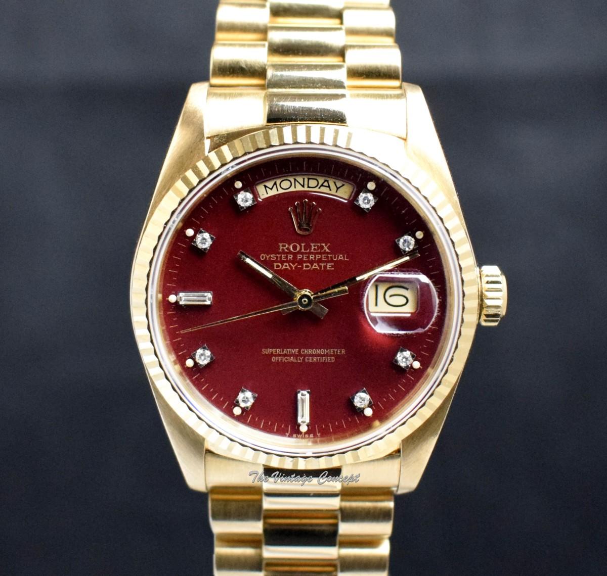 Rolex Day-Date 18K YG Stella Oxblood Dial w/ Diamond Indexes 18038  (SOLD)