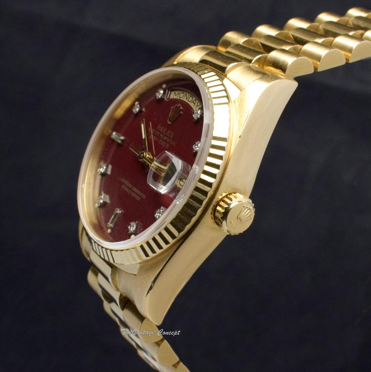 Rolex Day-Date 18K YG Stella Oxblood Dial w/ Diamond Indexes 18038  (SOLD)