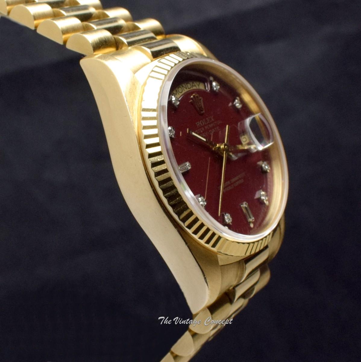 Rolex Day-Date 18K YG Stella Oxblood Dial w/ Diamond Indexes 18038  (SOLD)