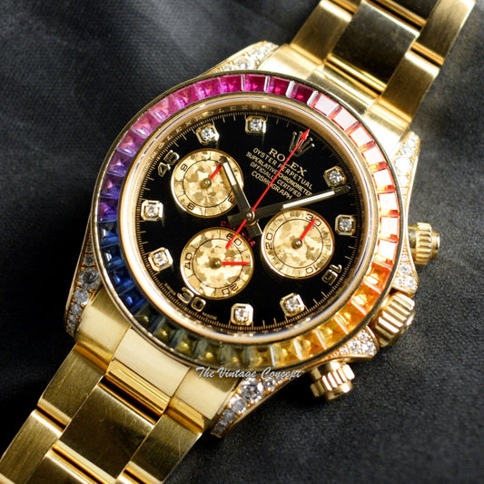 Rolex Daytona 18K Yellow Gold Black Dial Rainbow Diamonds 116598RBOW (Box Set)