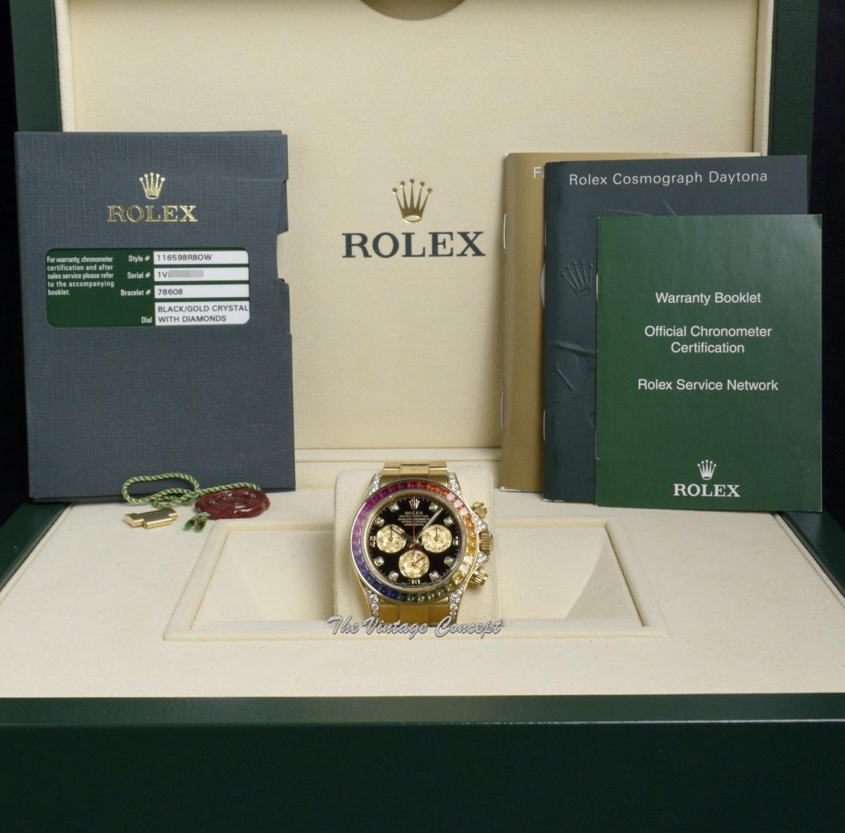 Rolex Daytona 18K Yellow Gold Black Dial Rainbow Diamonds 116598RBOW (Box Set)