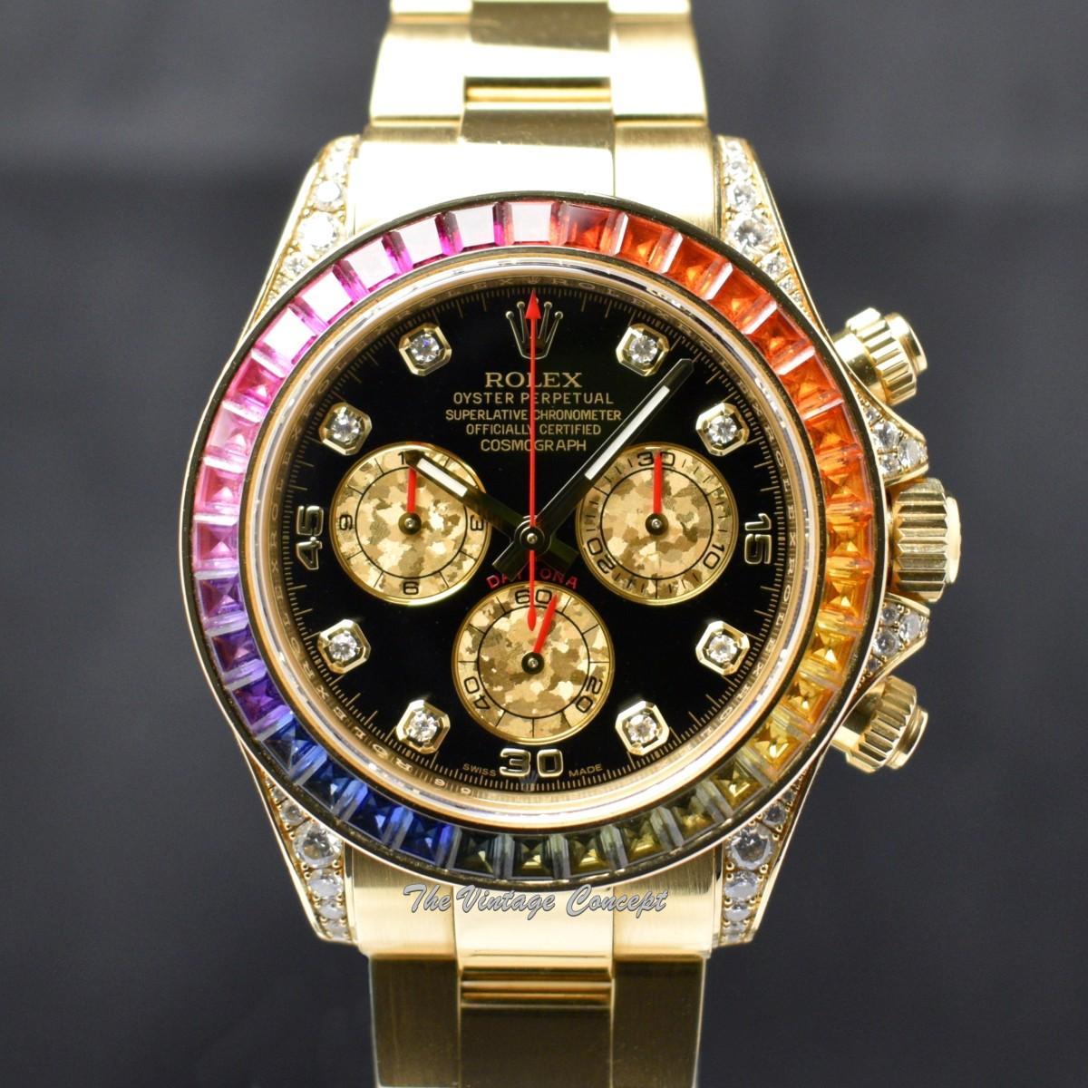 Rolex Daytona 18K Yellow Gold Black Dial Rainbow Diamonds 116598RBOW (Box Set)