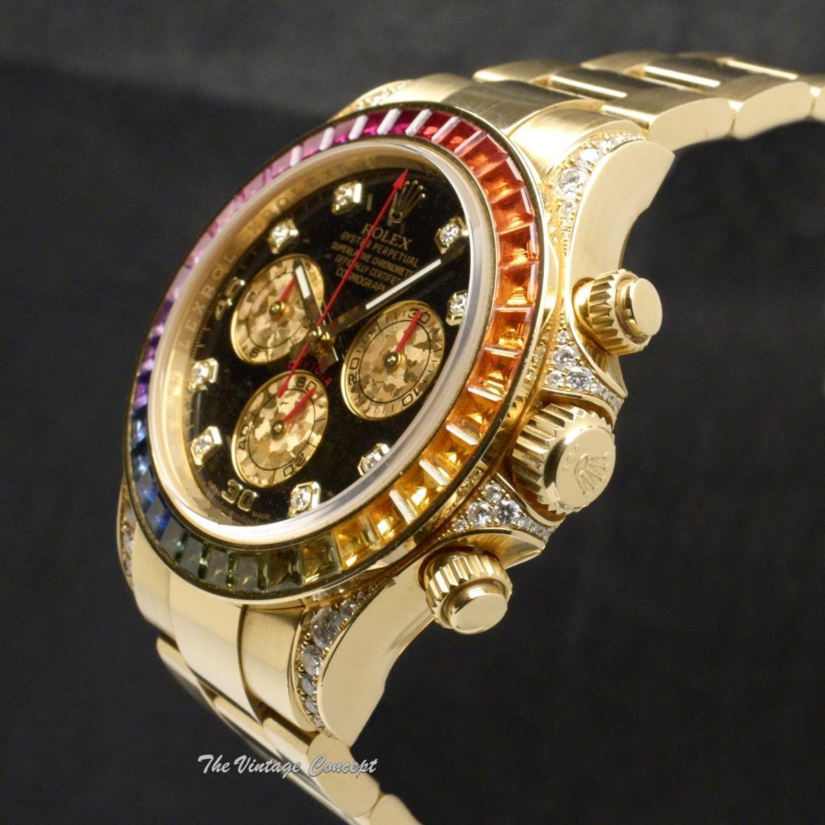 Rolex Daytona 18K Yellow Gold Black Dial Rainbow Diamonds 116598RBOW (Box Set)