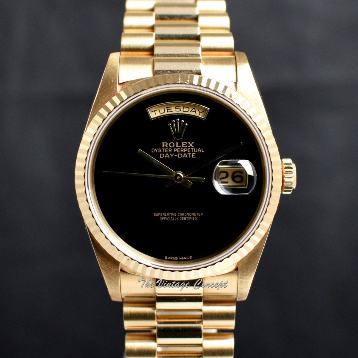 Rolex Day-Date 18K Yellow Gold Onyx Natural Stone Dial 18238 with Original Paper  (SOLD)