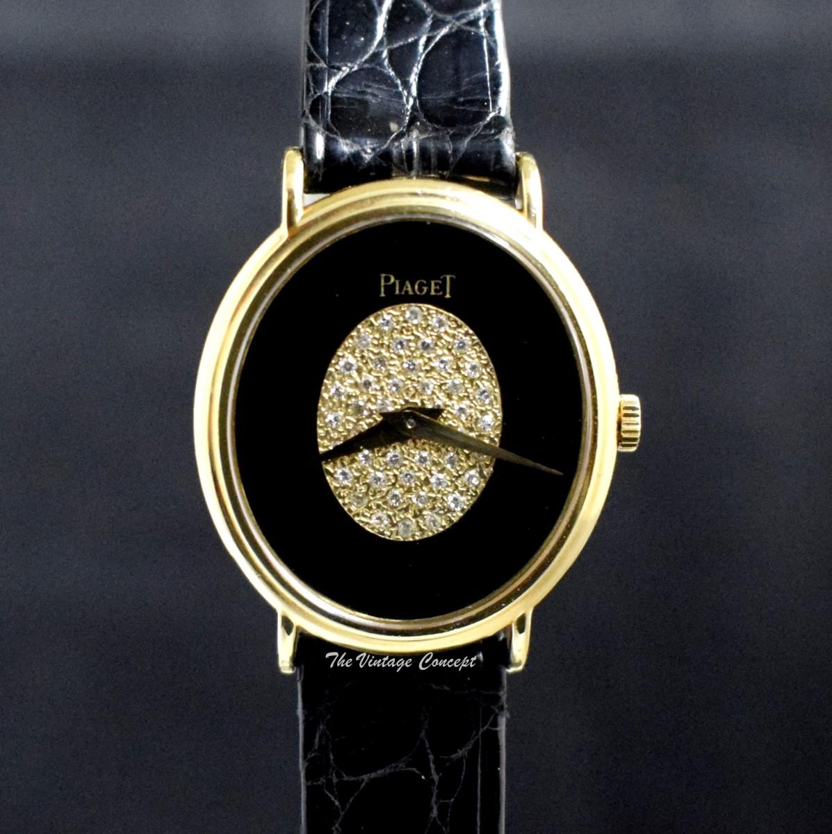 Piaget 18K Yellow Gold Oval Lady Onyx & Diamond Dial 9822 Manual Wind Watch