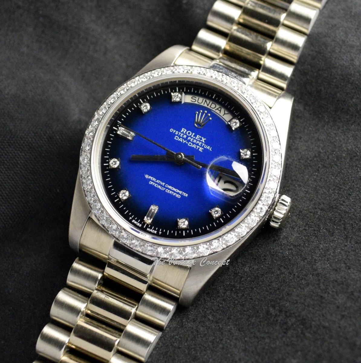 Rolex Day-Date 18K White Gold Ombre Vignette Blue Dial Factory Diamonds 18049