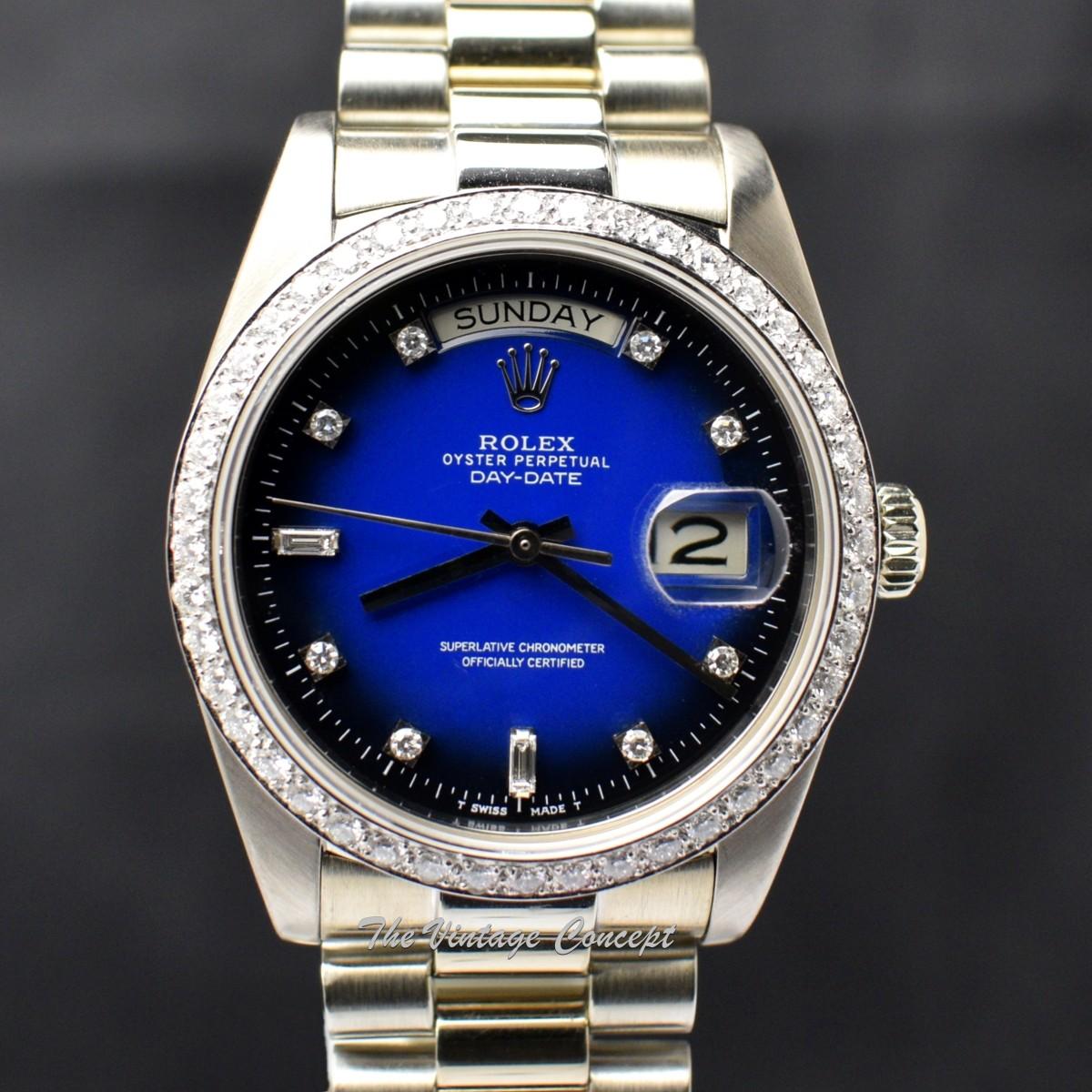 Rolex Day-Date 18K White Gold Ombre Vignette Blue Dial Factory Diamonds 18049