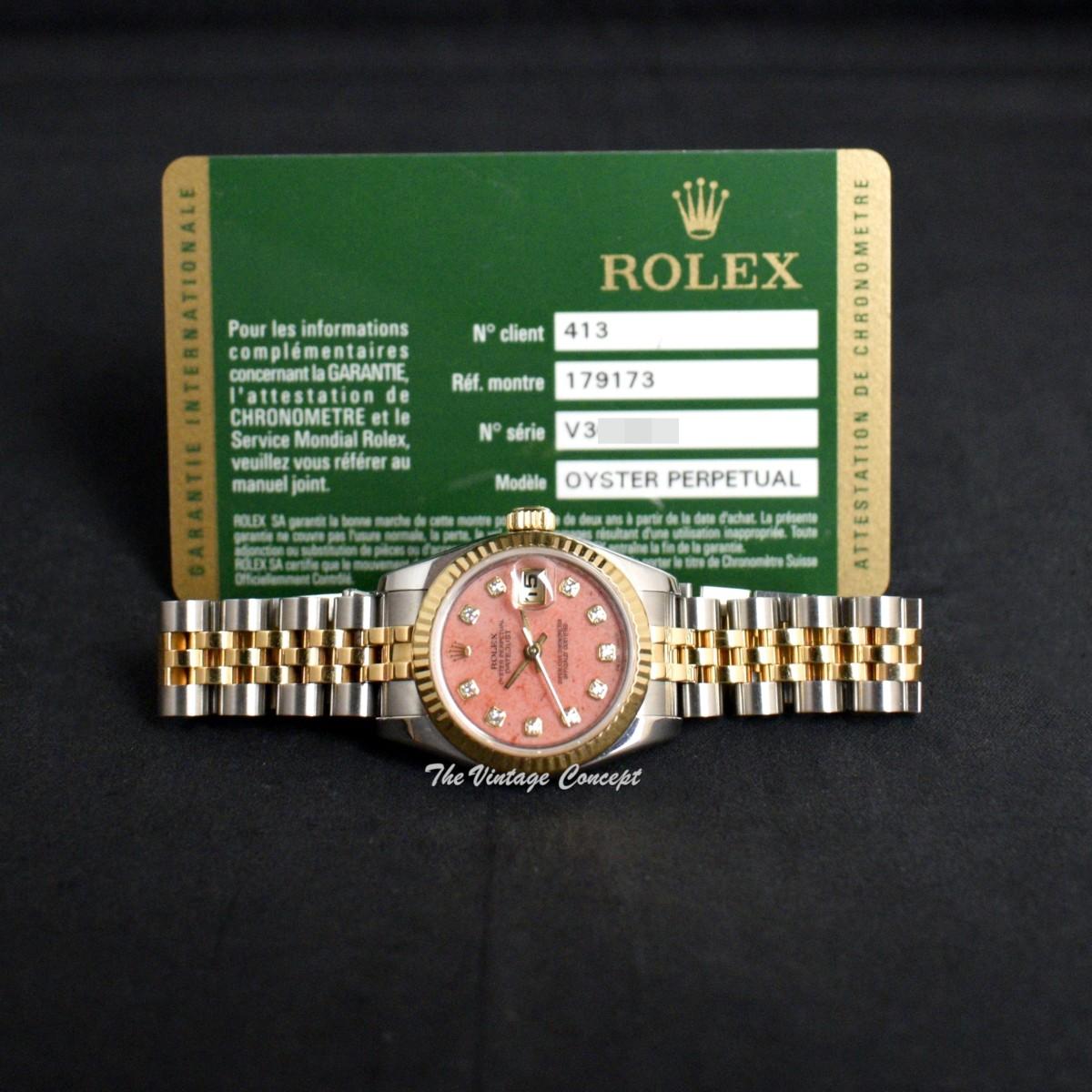 Rolex Lady Datejust Yellow Gold & Steel Coral Stone Dial Diamond Indexes 179173 w/ Guarantee Card  (SOLD)