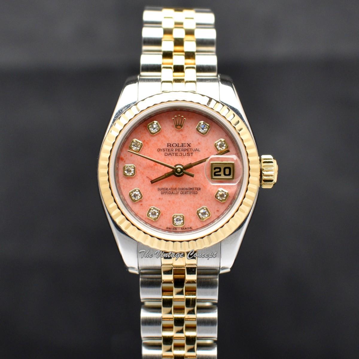 Rolex Lady Datejust Yellow Gold & Steel Coral Stone Dial Diamond Indexes 179173 w/ Guarantee Card  (SOLD)