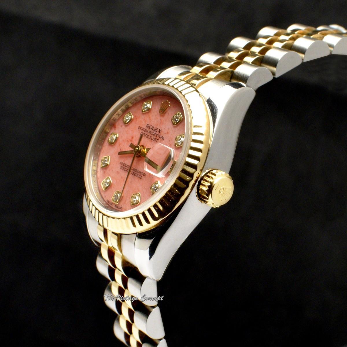 Rolex Lady Datejust Yellow Gold & Steel Coral Stone Dial Diamond Indexes 179173 w/ Guarantee Card  (SOLD)