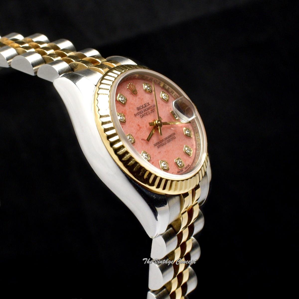 Rolex Lady Datejust Yellow Gold & Steel Coral Stone Dial Diamond Indexes 179173 w/ Guarantee Card  (SOLD)