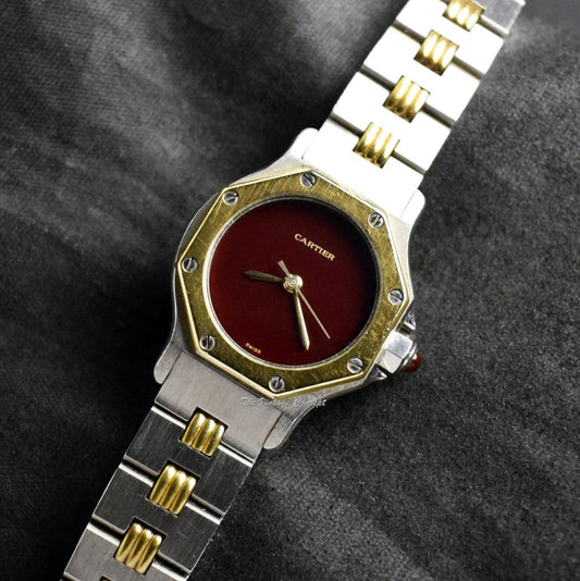 Cartier Ladies Santos Octagon 24mm Two-Tone 18K Yellow Gold & Stainless Steel Burgundy Dial Automatic 0907 (SOLD)