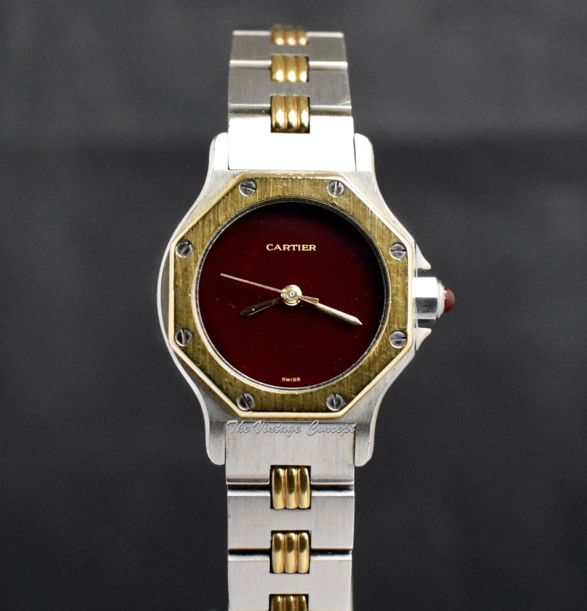 Cartier Ladies Santos Octagon 24mm Two-Tone 18K Yellow Gold & Stainless Steel Burgundy Dial Automatic 0907 (SOLD)