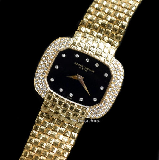 Vacheron Constantin 18K Yellow Gold Onyx Dial Diamond Indexes Bezel Manual Wind w/ Integrated Bracelet