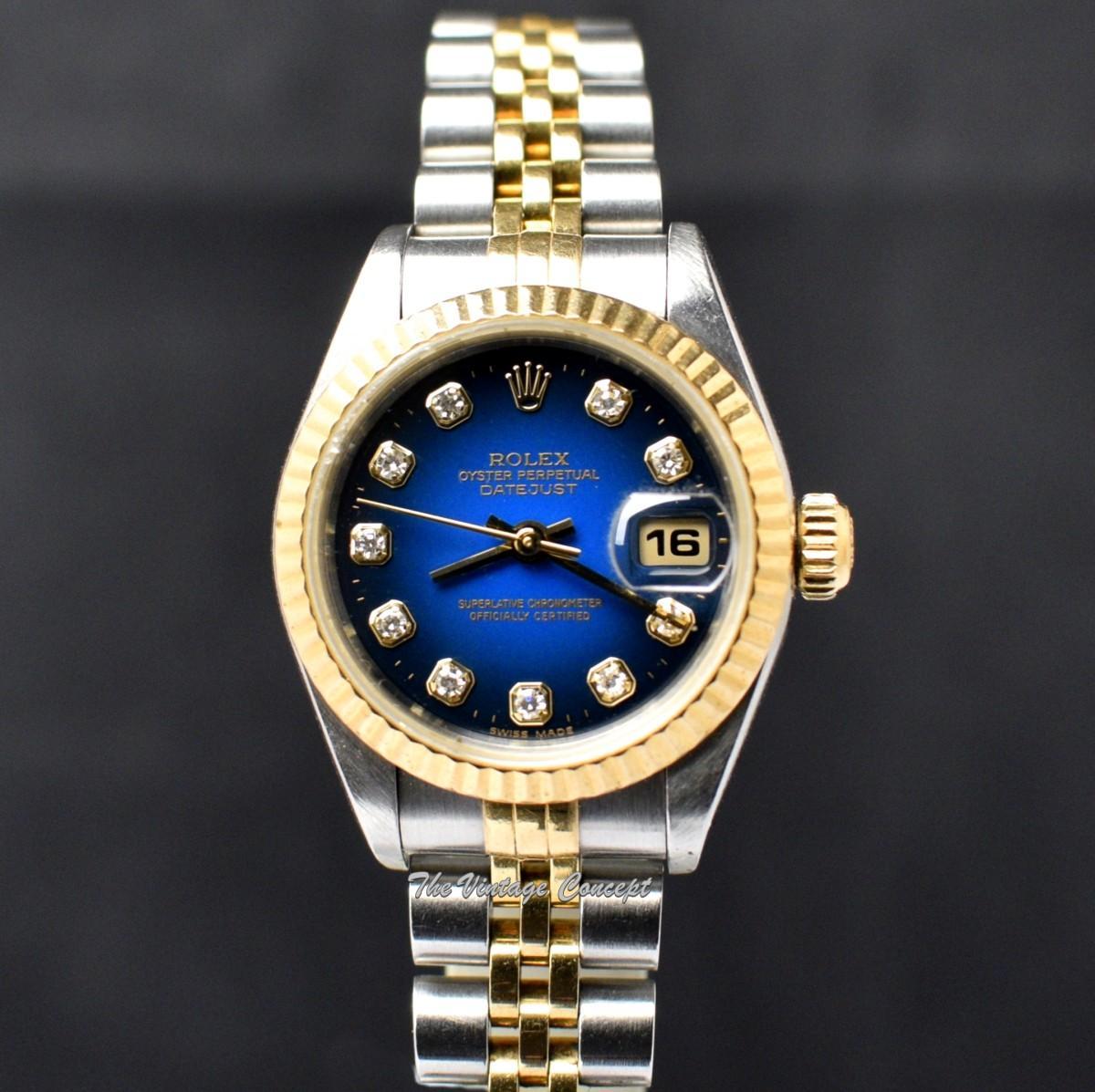 Rolex Lady Datejust Yellow Gold & Steel Ombre Blue Dial Diamond Indexes 69173  (SOLD)