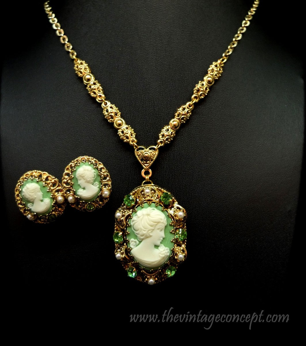 1950 West German Green Cameo Necklace and Clips Earrings Set (SOLD)