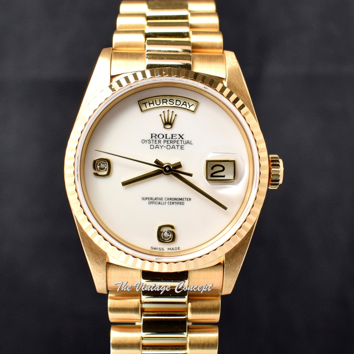 Rolex Day-Date 18K YG White Agate Stone Dial w/ Diamond Indexes 18238 (Complete Full Set)   (SOLD)