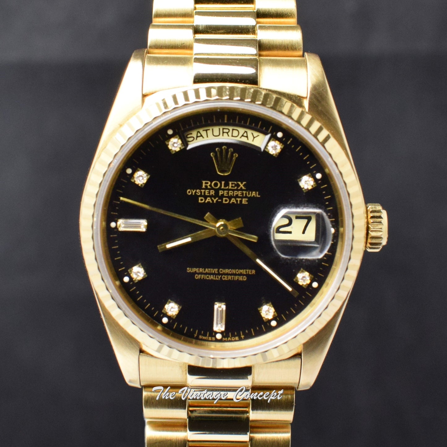 Rolex Day-Date 18K YG Black Charcoal Dial w/ Diamond Indexes 18038 (SOLD)