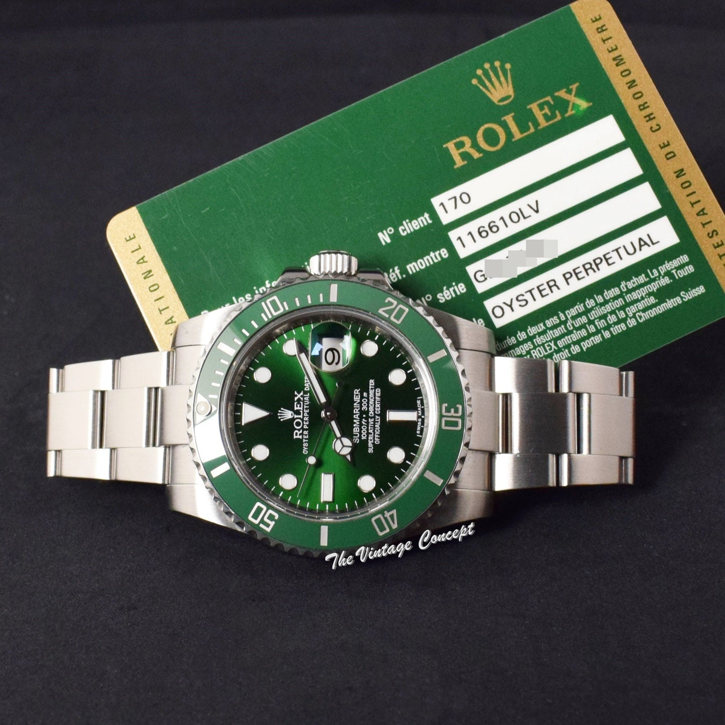 Rolex Submariner Hulk Green Dial Ceramic 116610LV w/ Rolex Guarantee Card  (SOLD)