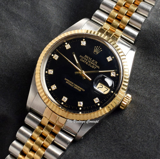 Rolex Datejust Two-Tone Glossy Black Dial w/ Diamond Indexes 16013 (SOLD)