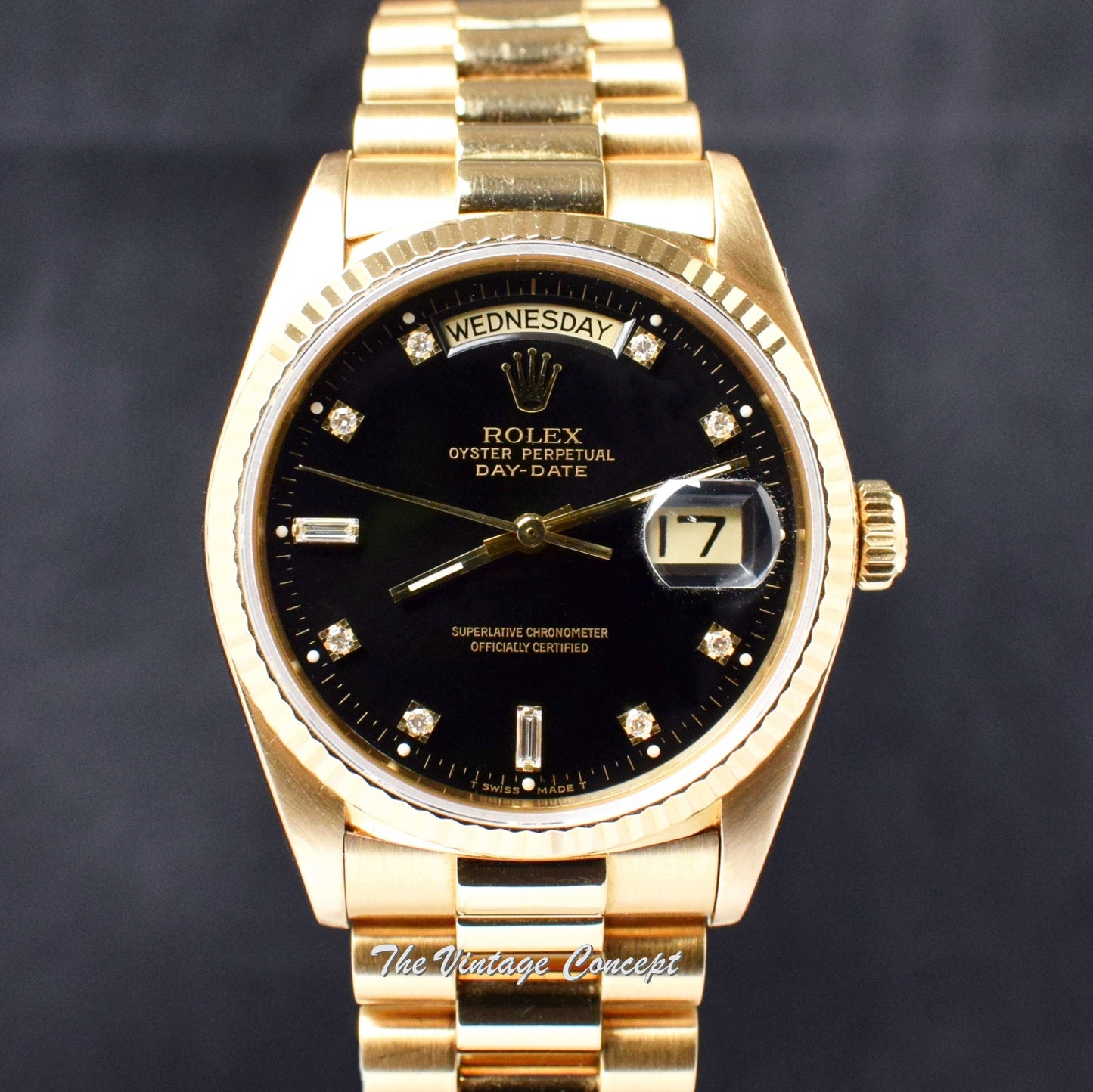 Rolex Day-Date 18K YG Black Charcoal Dial w/ Diamond Indexes 18038 (SOLD)