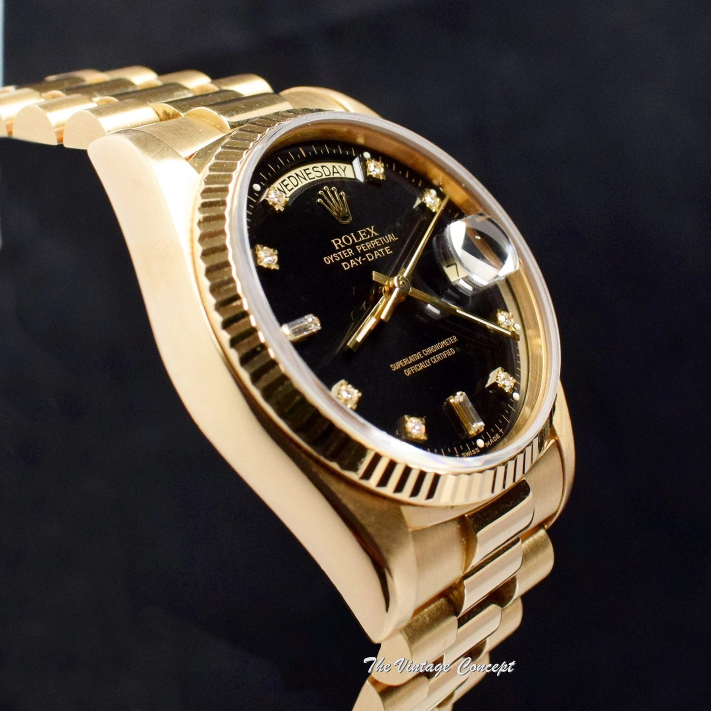 Rolex Day-Date 18K YG Black Charcoal Dial w/ Diamond Indexes 18038 (SOLD)