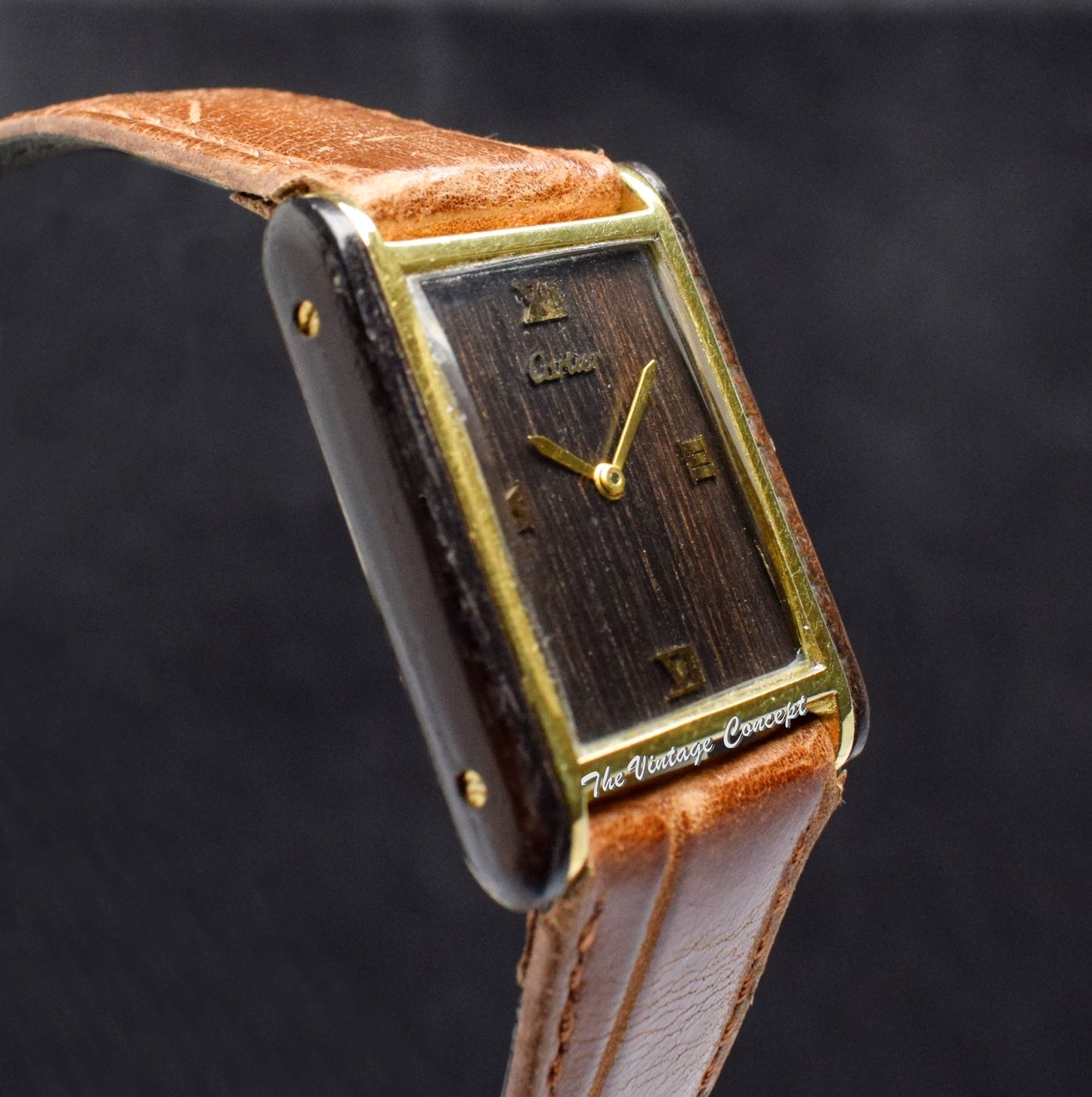 Rare Cartier Jumbo Tank Electroplated Gold Plated Wood Case & Dial Manual Wind 2512 (SOLD)