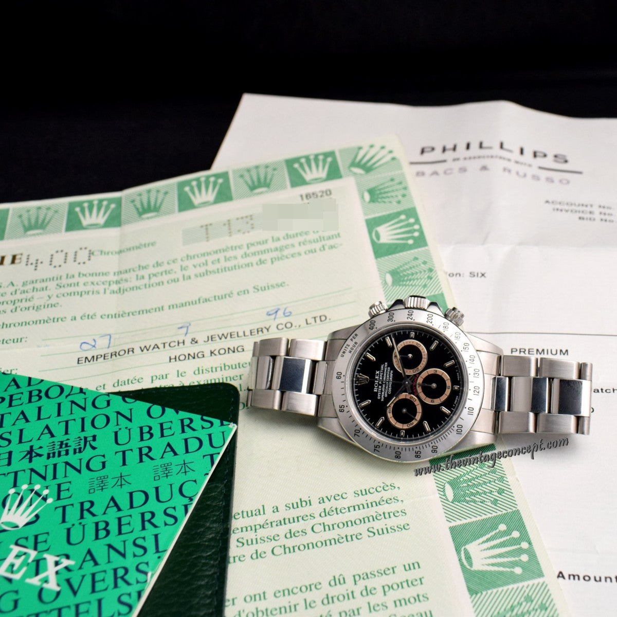 Rolex Invoice Rolex Daytona Patrizzi Dial 16520 w/ Original Paper & Phillips Invoice ...