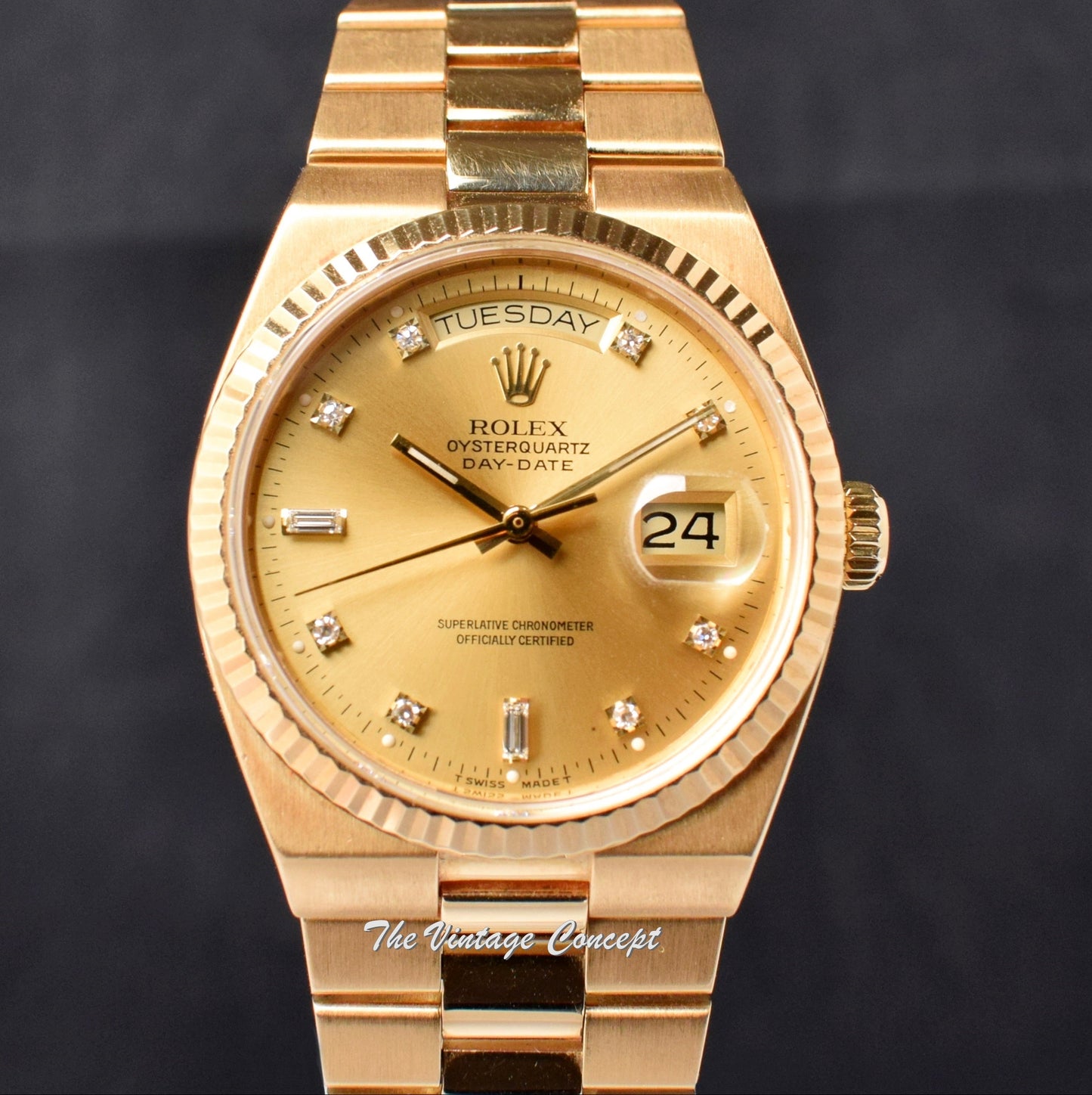 Rolex Day-Date 18K YG Oysterquartz Gold Dial w/ Diamond Indexes 19018N (SOLD)