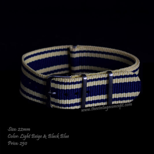 22mm Light Beige & Black Blue Nato Strap