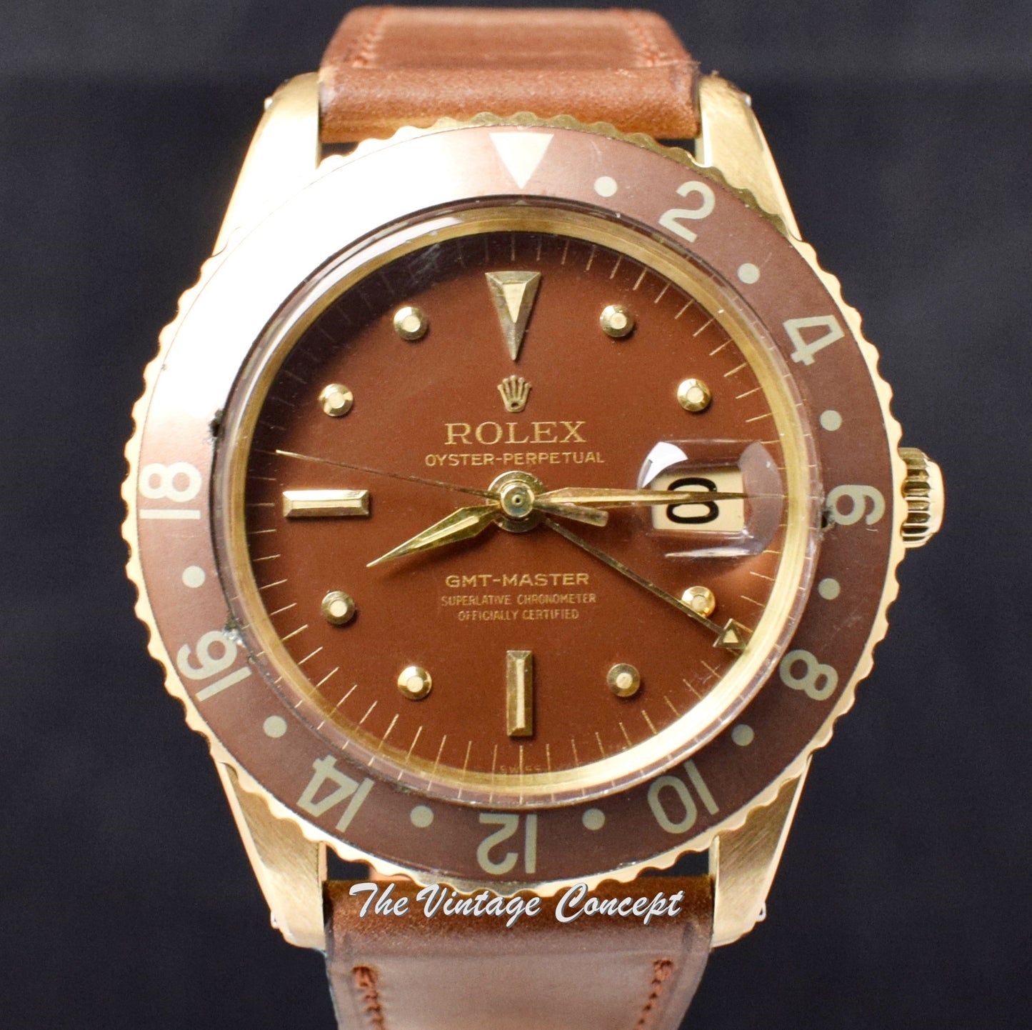 RARE Rolex GMT-Master 18K Yellow Gold No Guard Brown Nipple Dial 1675