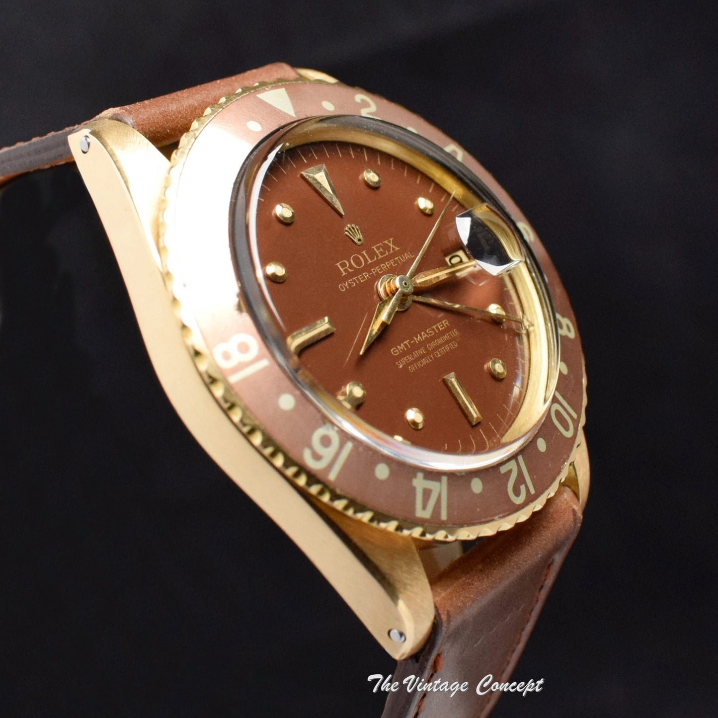 RARE Rolex GMT-Master 18K Yellow Gold No Guard Brown Nipple Dial 1675