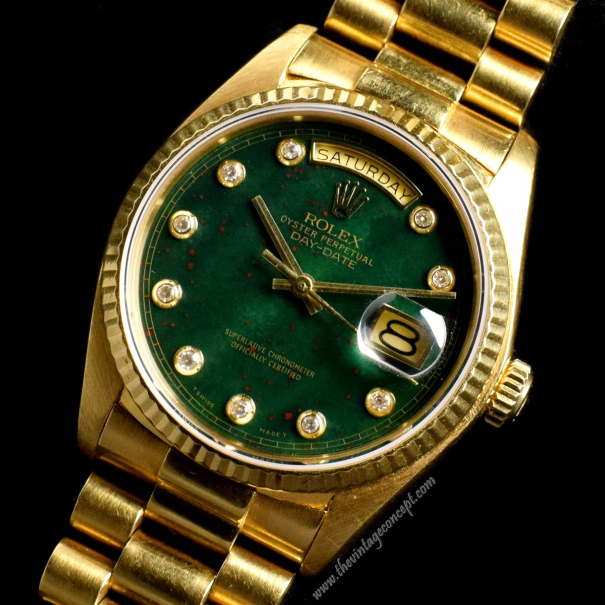 Rolex Day-Date 18K YG Bloodstone Dial w/Diaond Index 18038 (SOLD)