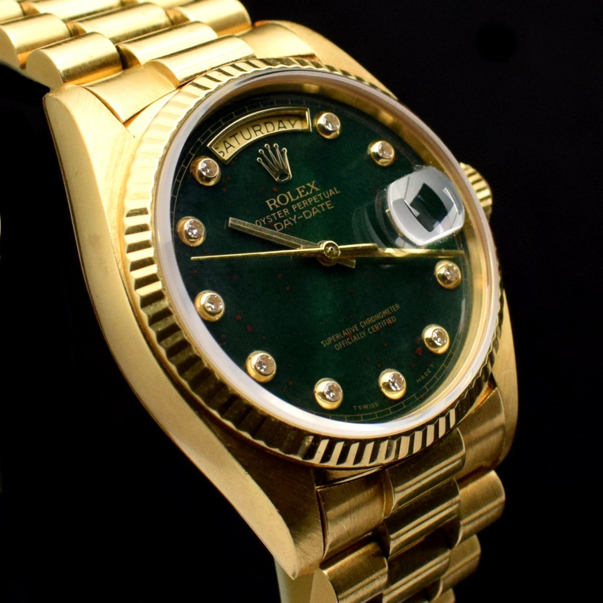 Rolex Day-Date 18K YG Bloodstone Dial w/Diaond Index 18038 (SOLD)