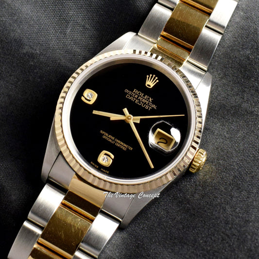 Rolex Datejust Two-Tone Onyx Dial Diamond Indexes 16233 w/ Original Paper