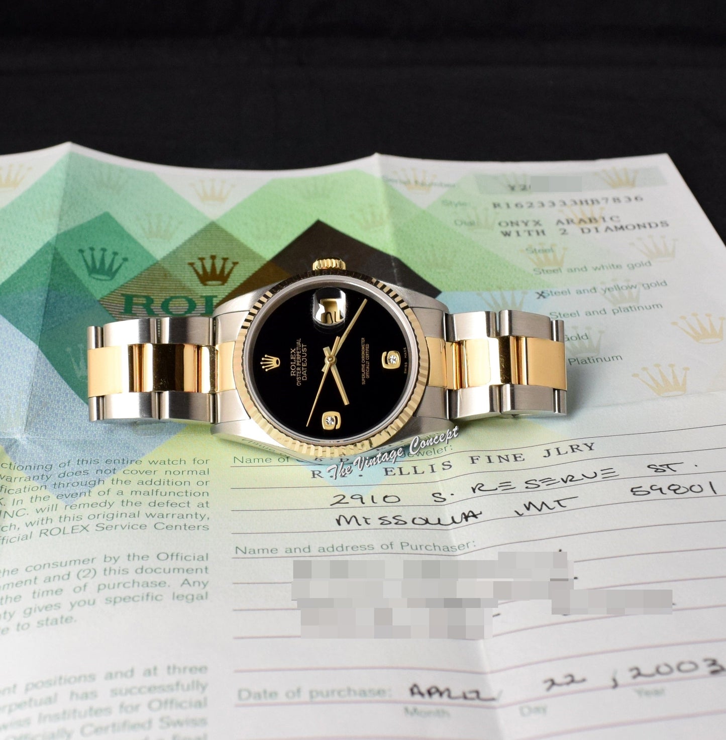 Rolex Datejust Two-Tone Onyx Dial Diamond Indexes 16233 w/ Original Paper