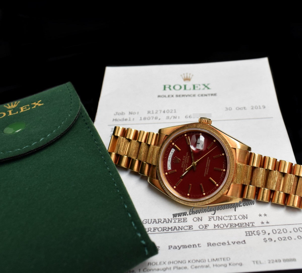 Rolex Day-Date 18K Yellow Gold Oxblood Stella Dial 18078 w/ Service Paper (SOLD)